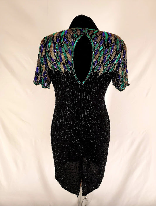 back view of 80s Peacock Beaded Cocktail Dress on mannequin