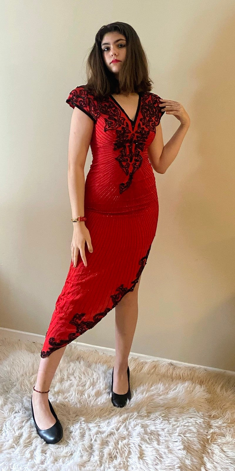 Red and Black Sequin Gown on model.