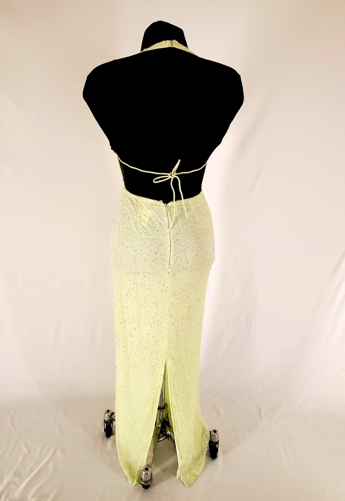 Back View of 90s Lemon and Iridescent Beaded Halter Gown