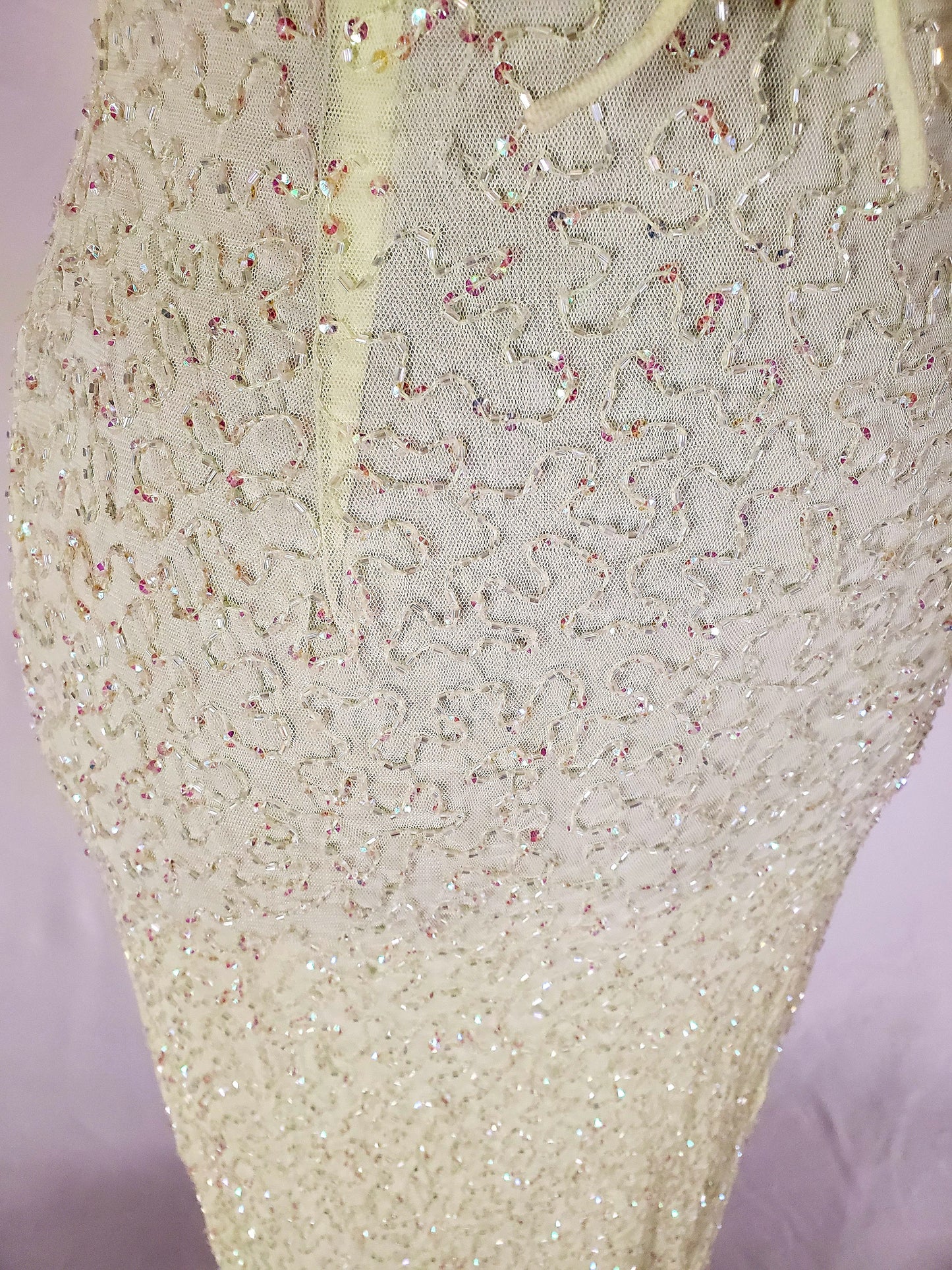 Close up View of 90s Lemon and Iridescent Beaded Halter Gown