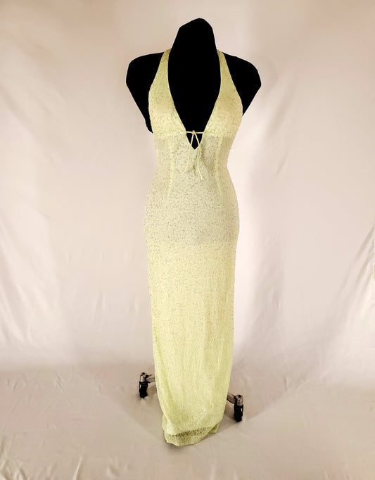 Front View of 90s Lemon and Iridescent Beaded Halter Gown