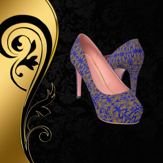 House of Vicerra: Baroque inspired blue and gold damask print platform heels.