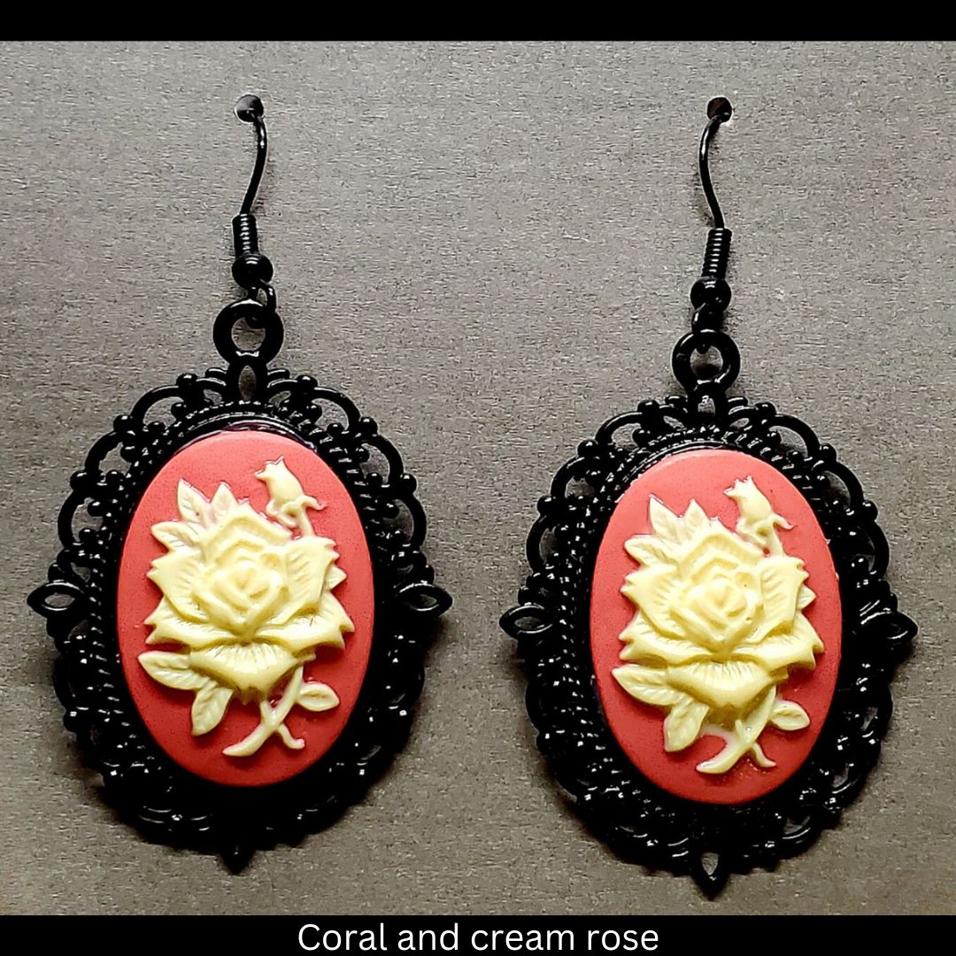 Goth-inspired coral and cream acrylic 3D rose and black filigree earrings