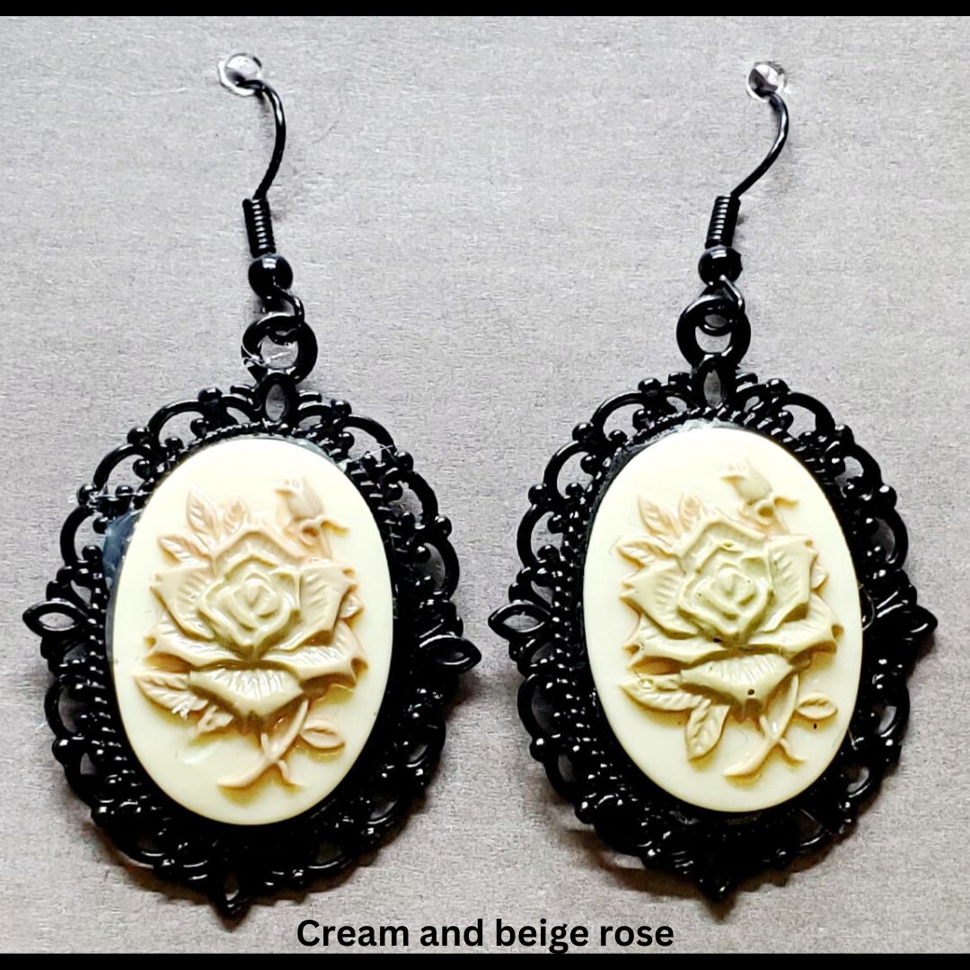 Goth-inspired cream and beige acrylic 3D rose and black filigree earrings