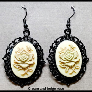 Goth-inspired cream and beige acrylic 3D rose and black filigree earrings