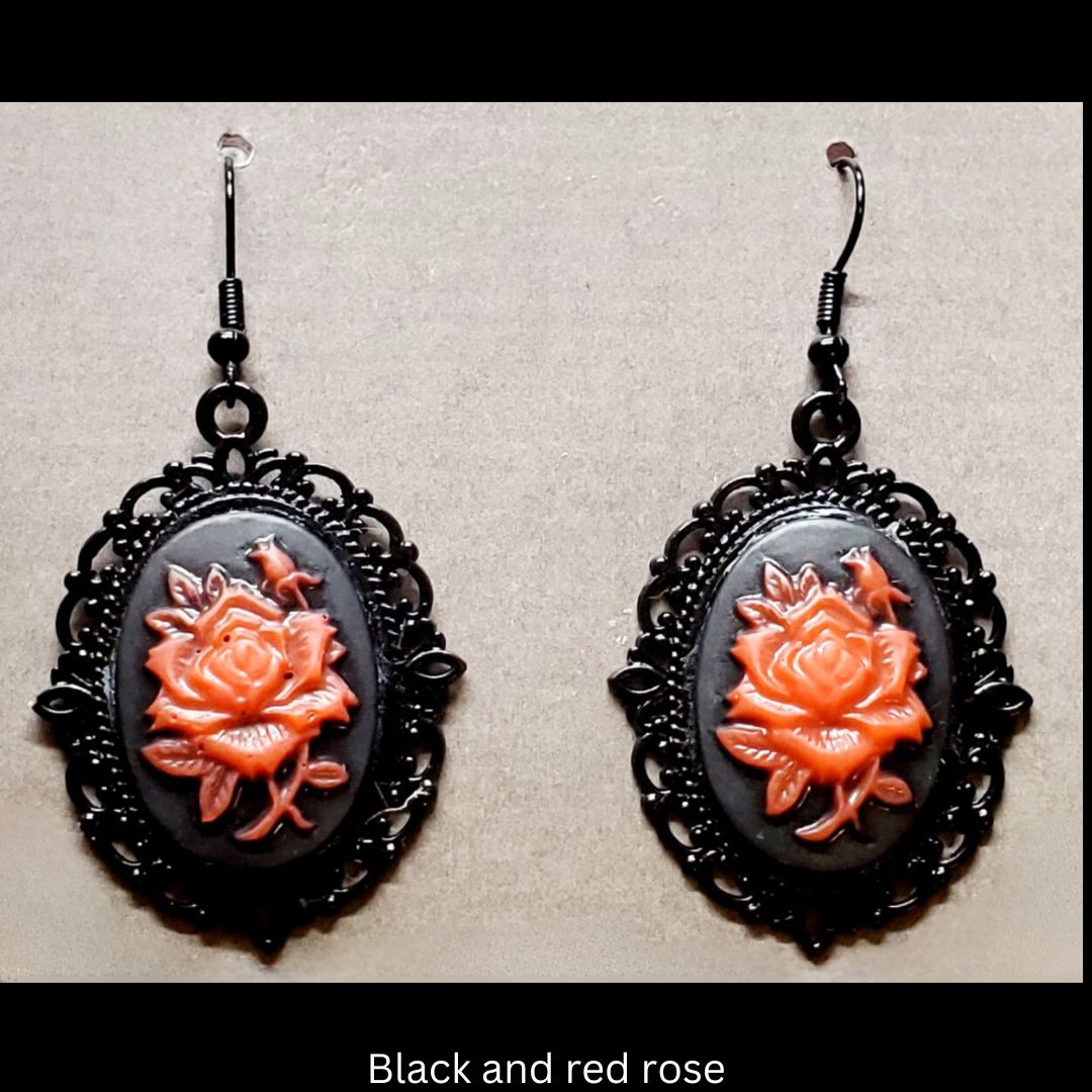 Goth-inspired black and red acrylic 3D rose and black filigree earrings