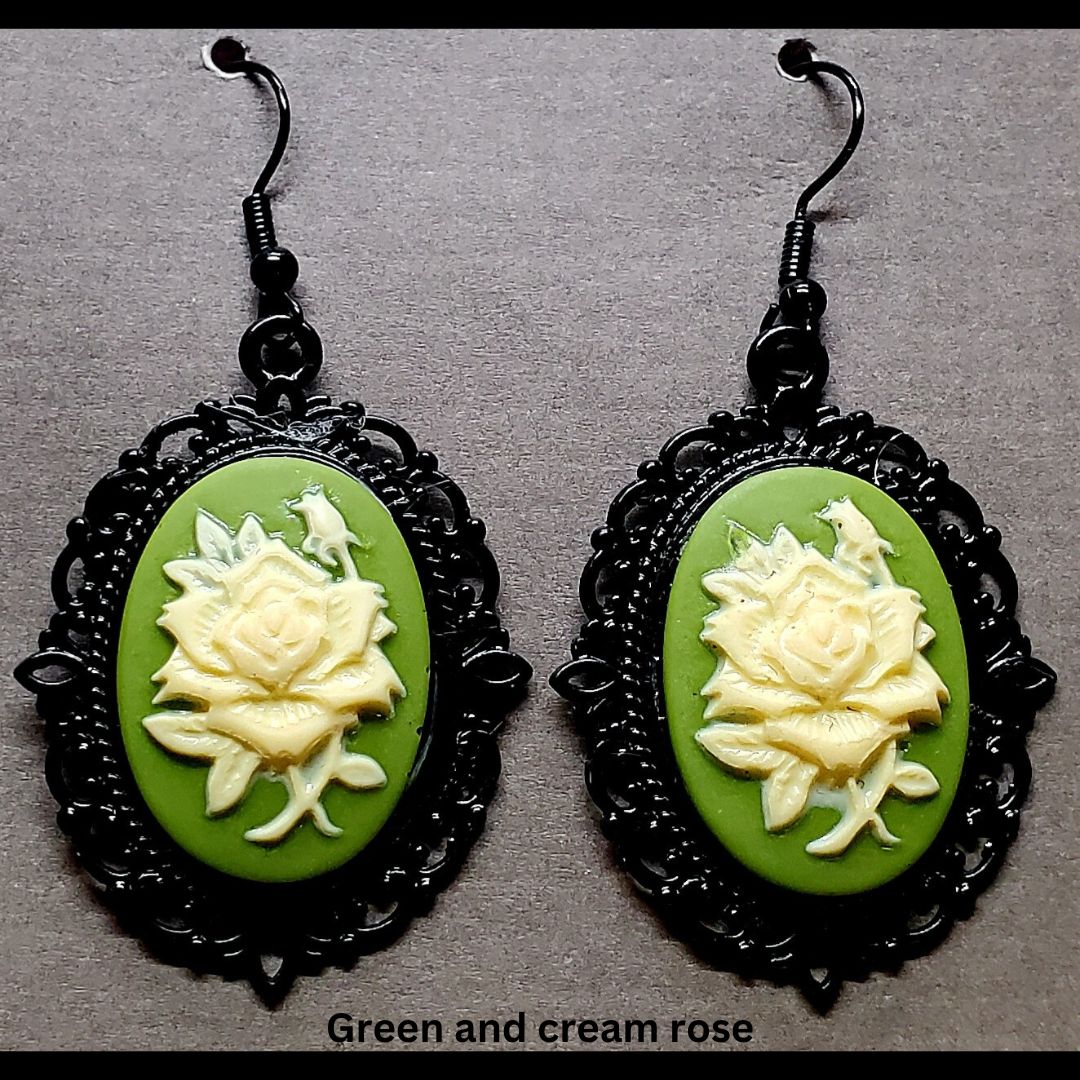 Goth-inspired green and cream acrylic 3D rose and black filigree earrings