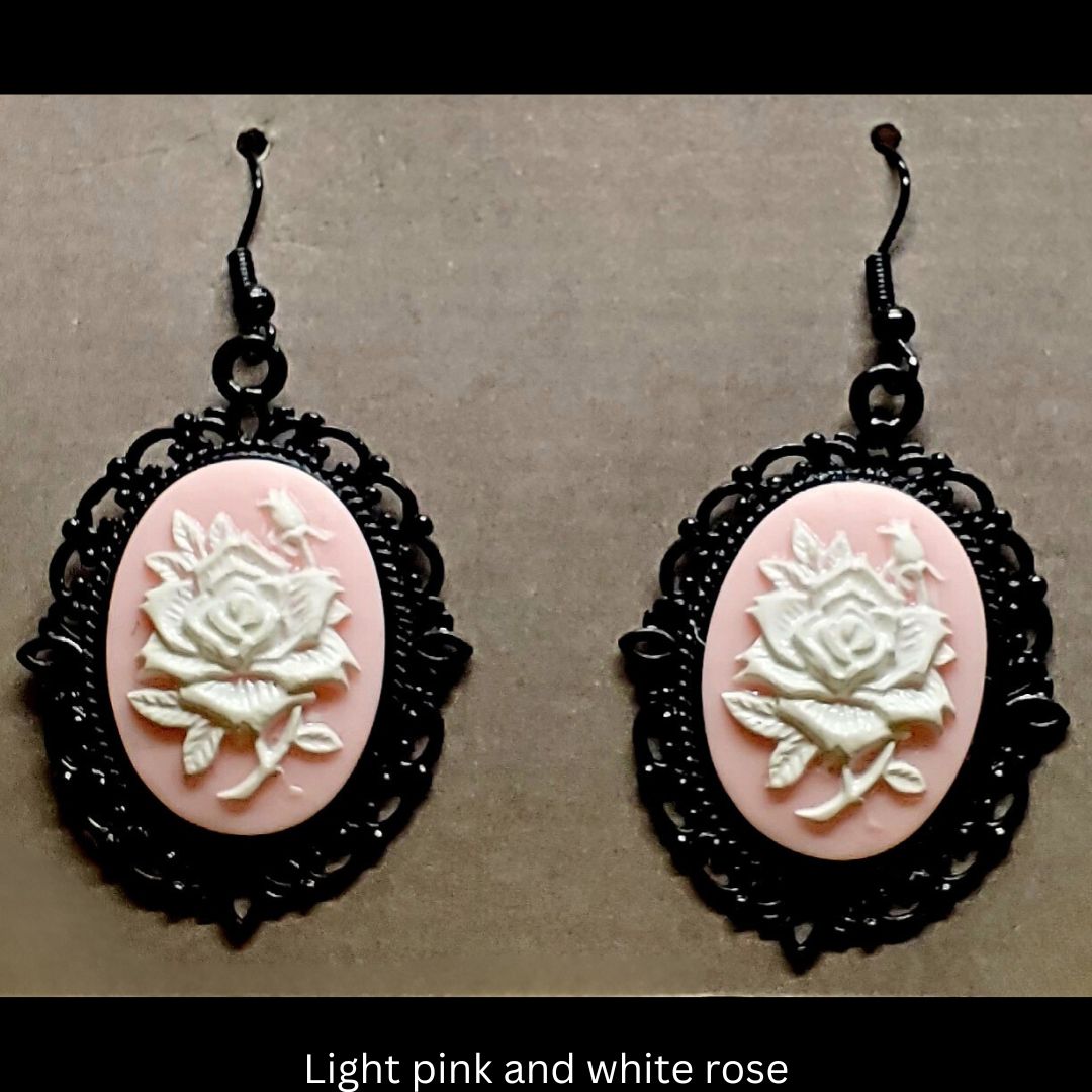 Goth-inspired Light pink and white acrylic 3D rose and black filigree earrings