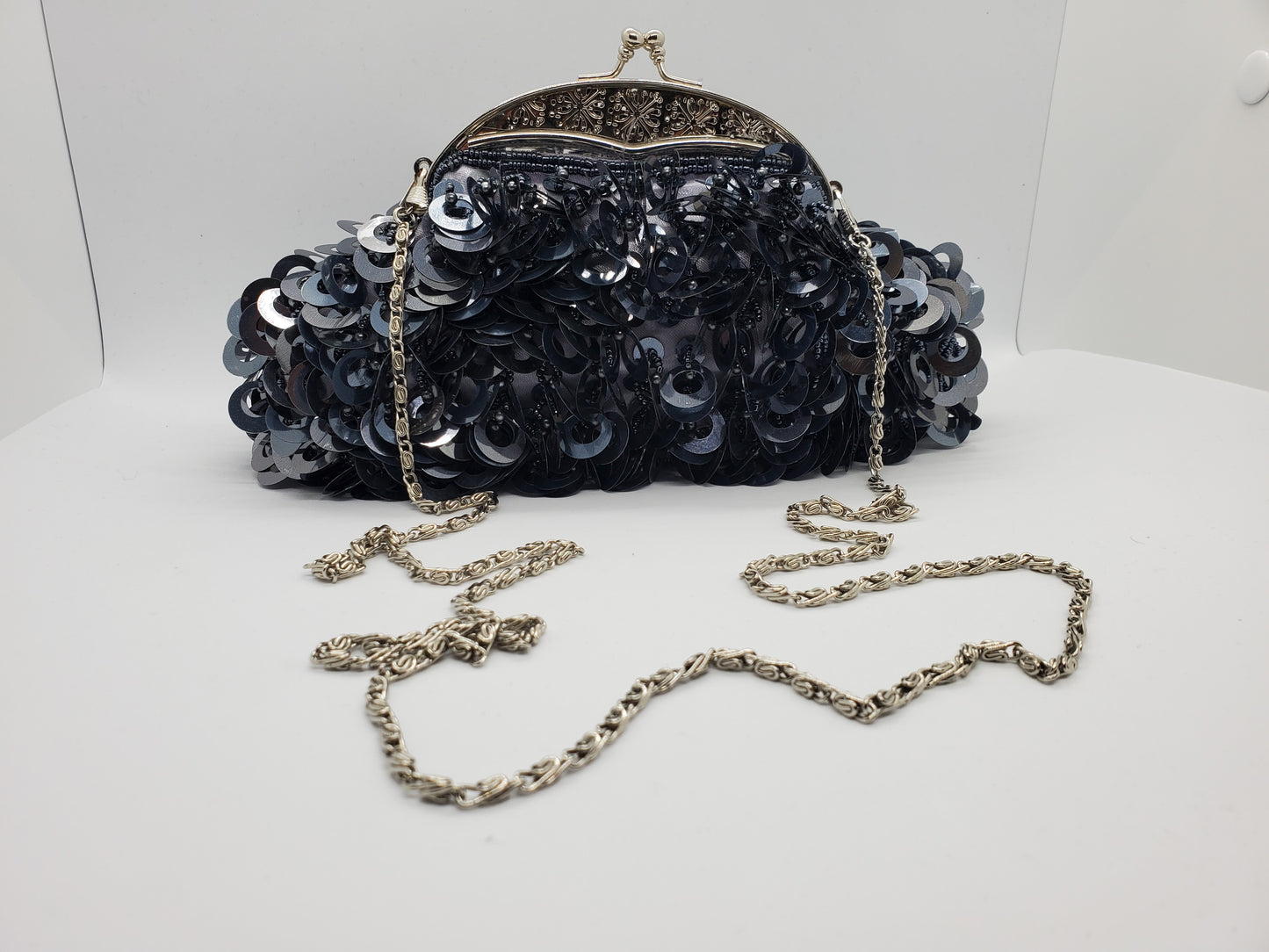 front view with strap of  Large loop paillettes and bead purse 