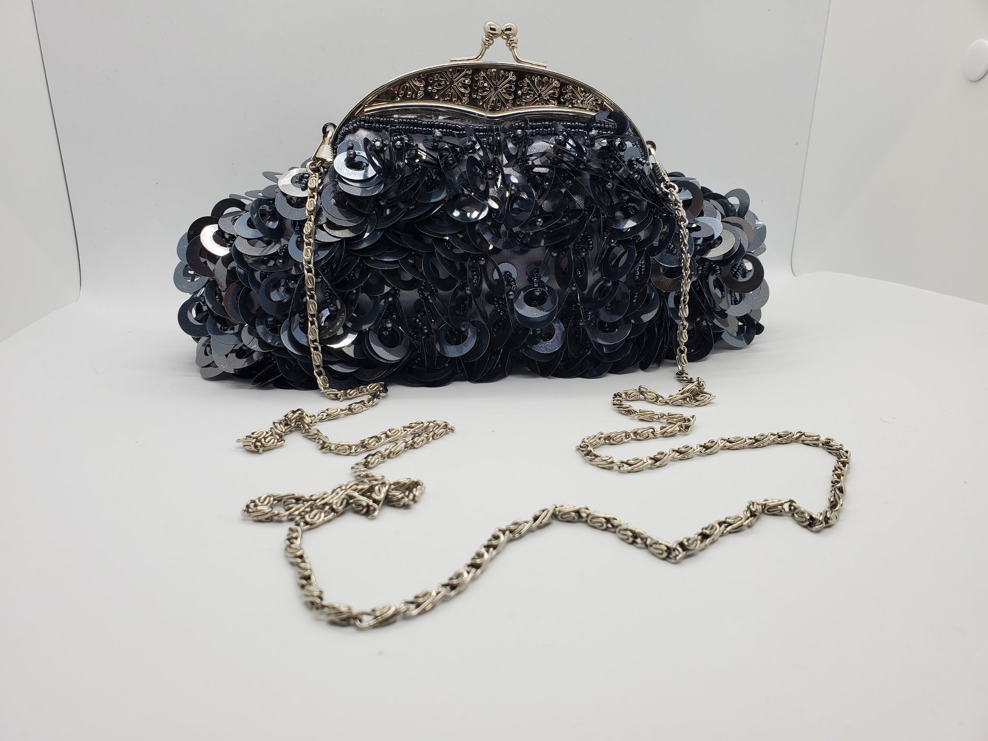 front view with strap of  Large loop paillettes and bead purse 