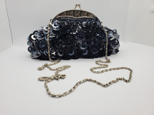 front view with strap of  Large loop paillettes and bead purse 