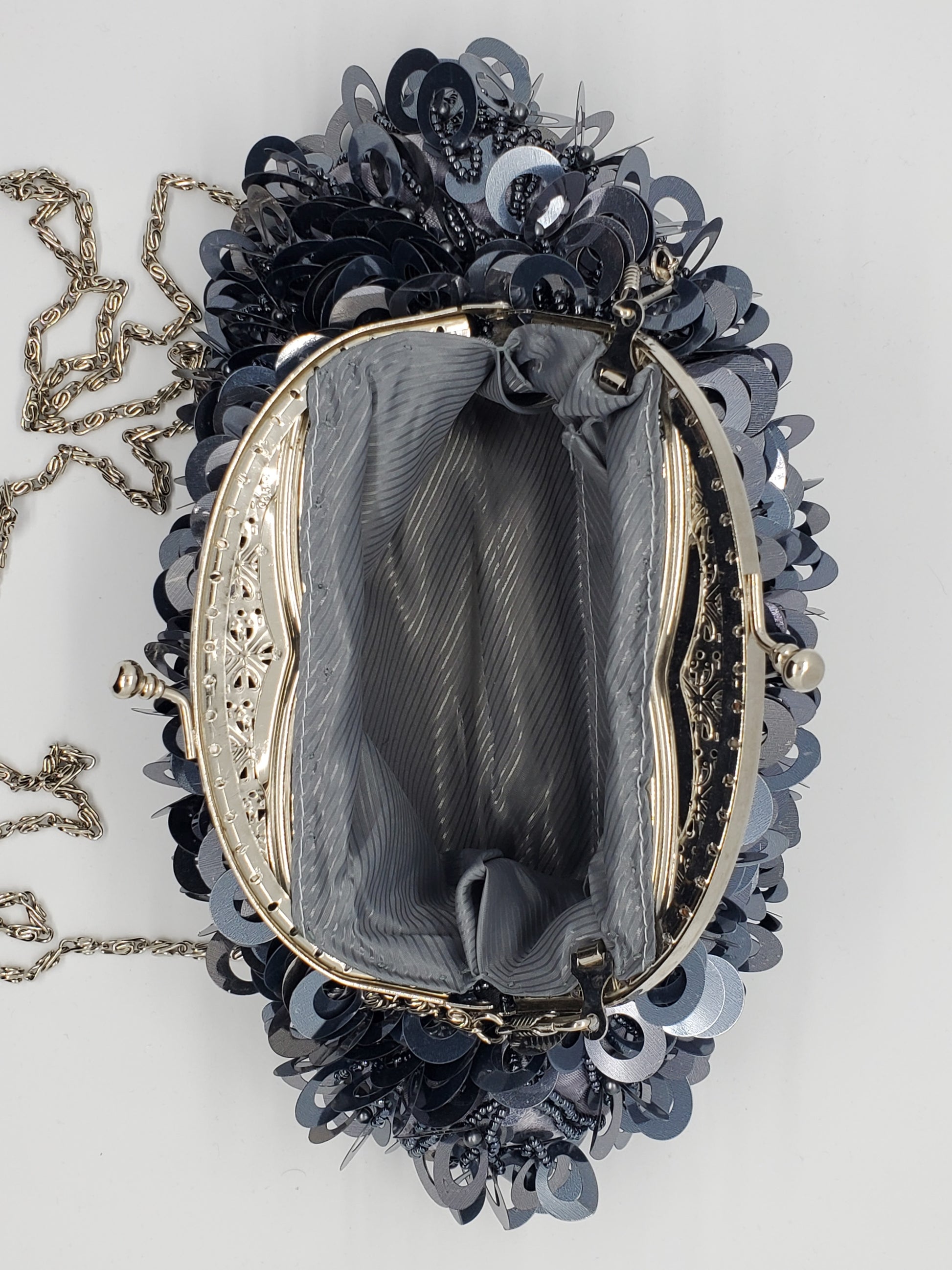 inside view of  Large loop paillettes and bead purse 