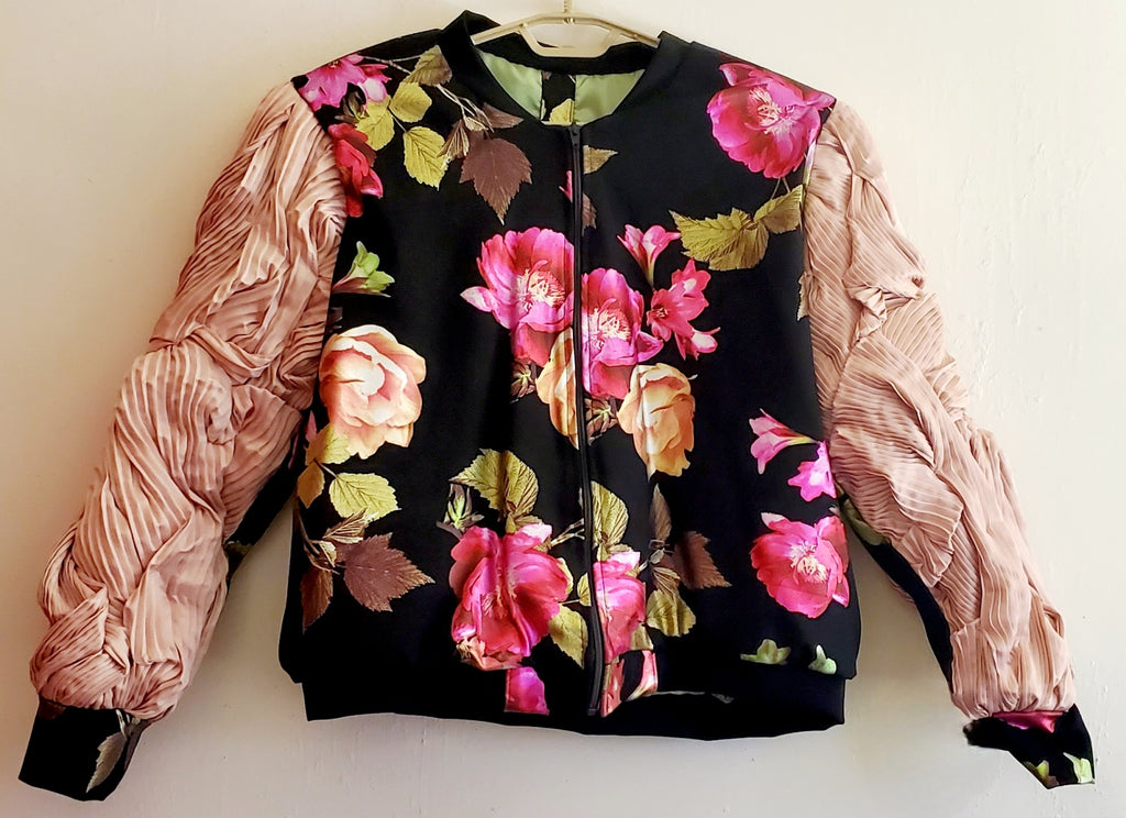 Front view of floral Bomber Jacket with Freeform Pleated Sleeves