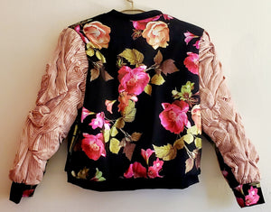 Back view of floral Bomber Jacket with Freeform Pleated Sleeves
