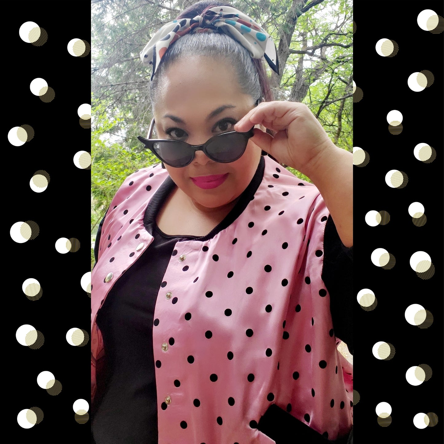 model in pink polka dot varsity jacket