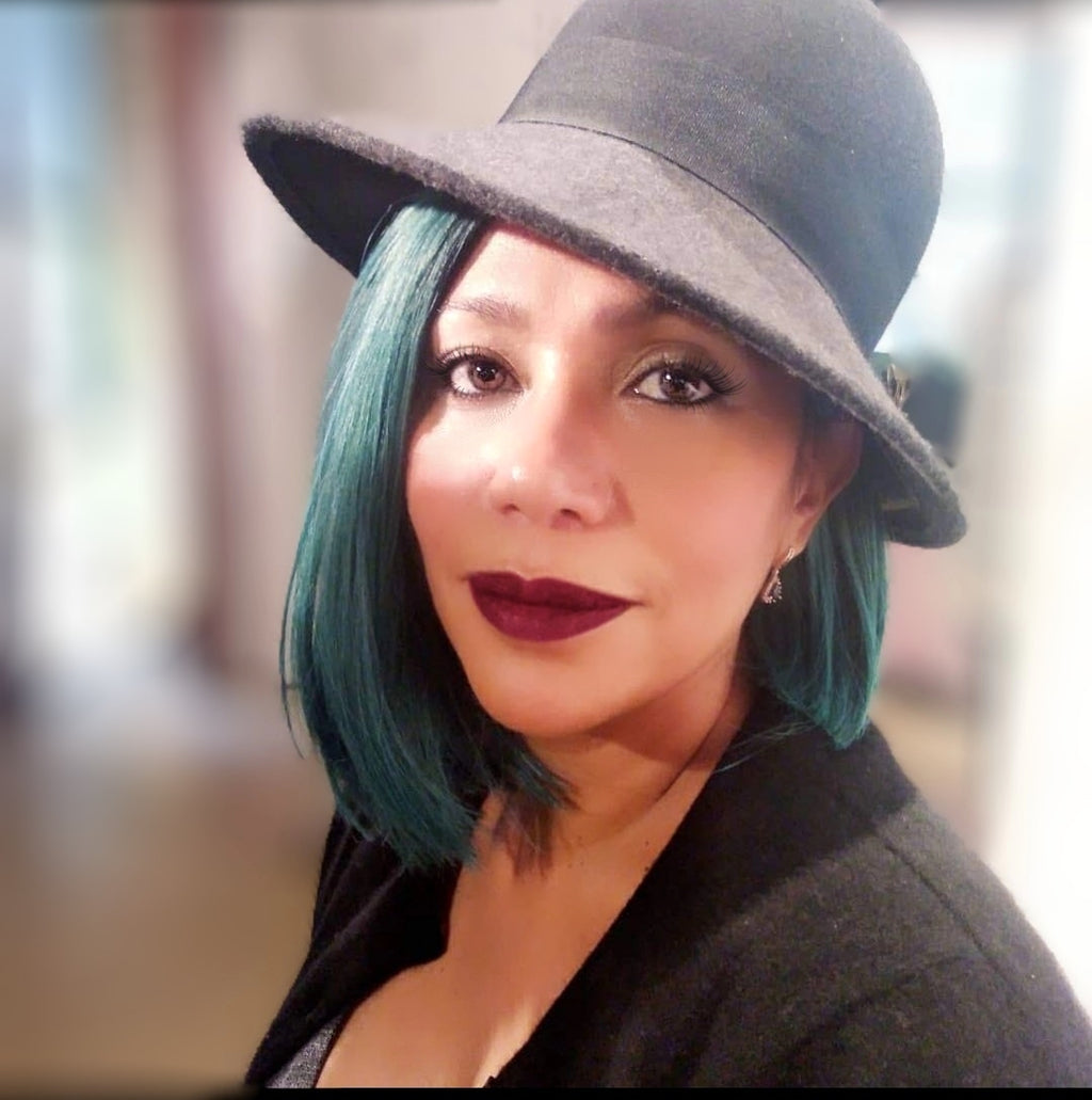 Grey and Black Wide Brim Fedora With Cabochon Accent on teal haired model