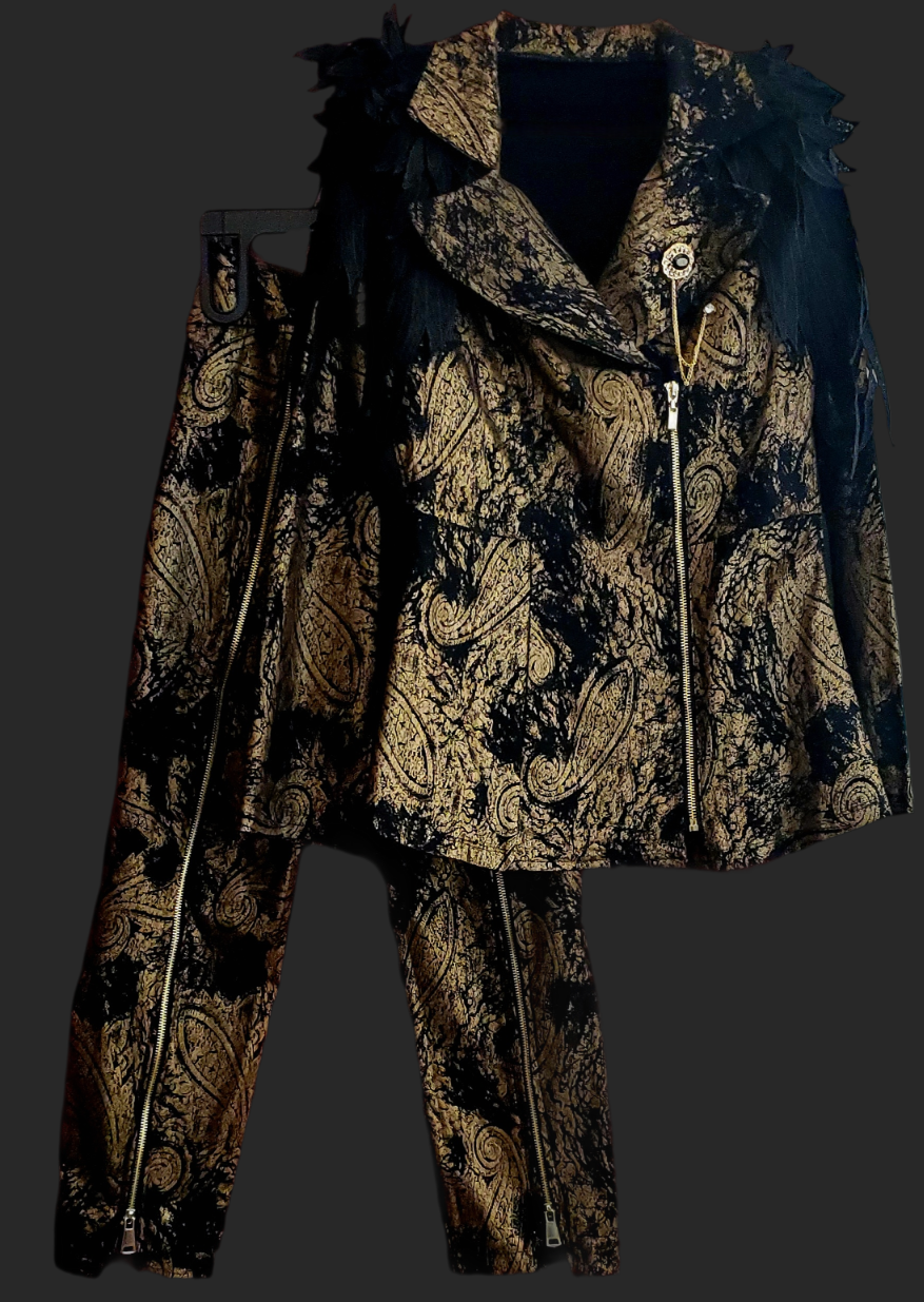 Front view of 2 piece black and gold paisley suit with lace wing epaulettes