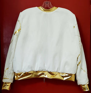 Back view of White bomber with gold marble print sleeves