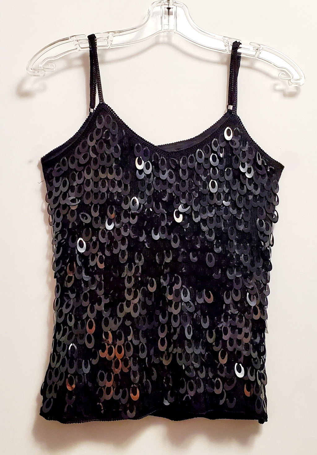 Front view of Black knitted paillettes tank top