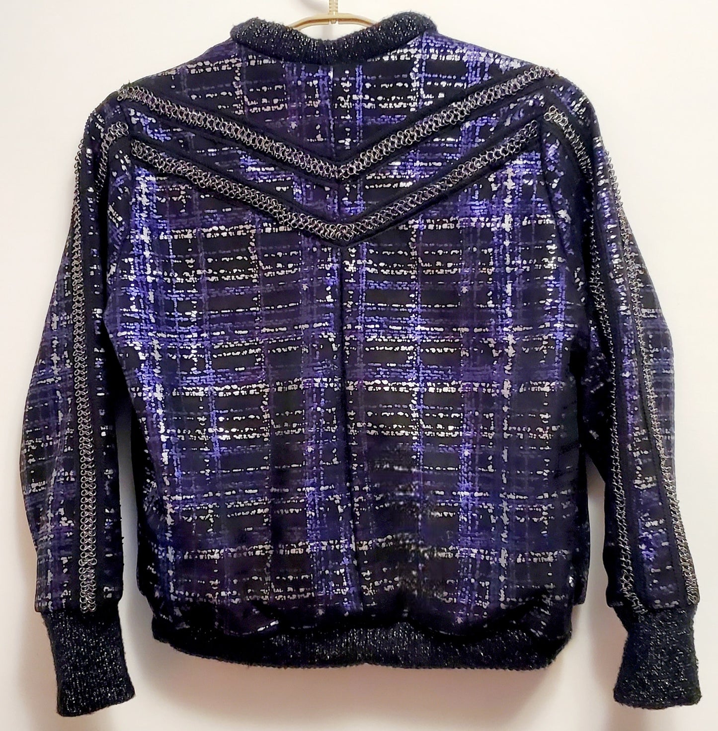 PLAIDE-Purple and silver plaid bomber jacket with chain trim