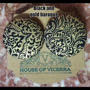 Black and gold baroque print  XL button earrings
