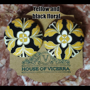 Yellow and Black Floral  XL button earrings