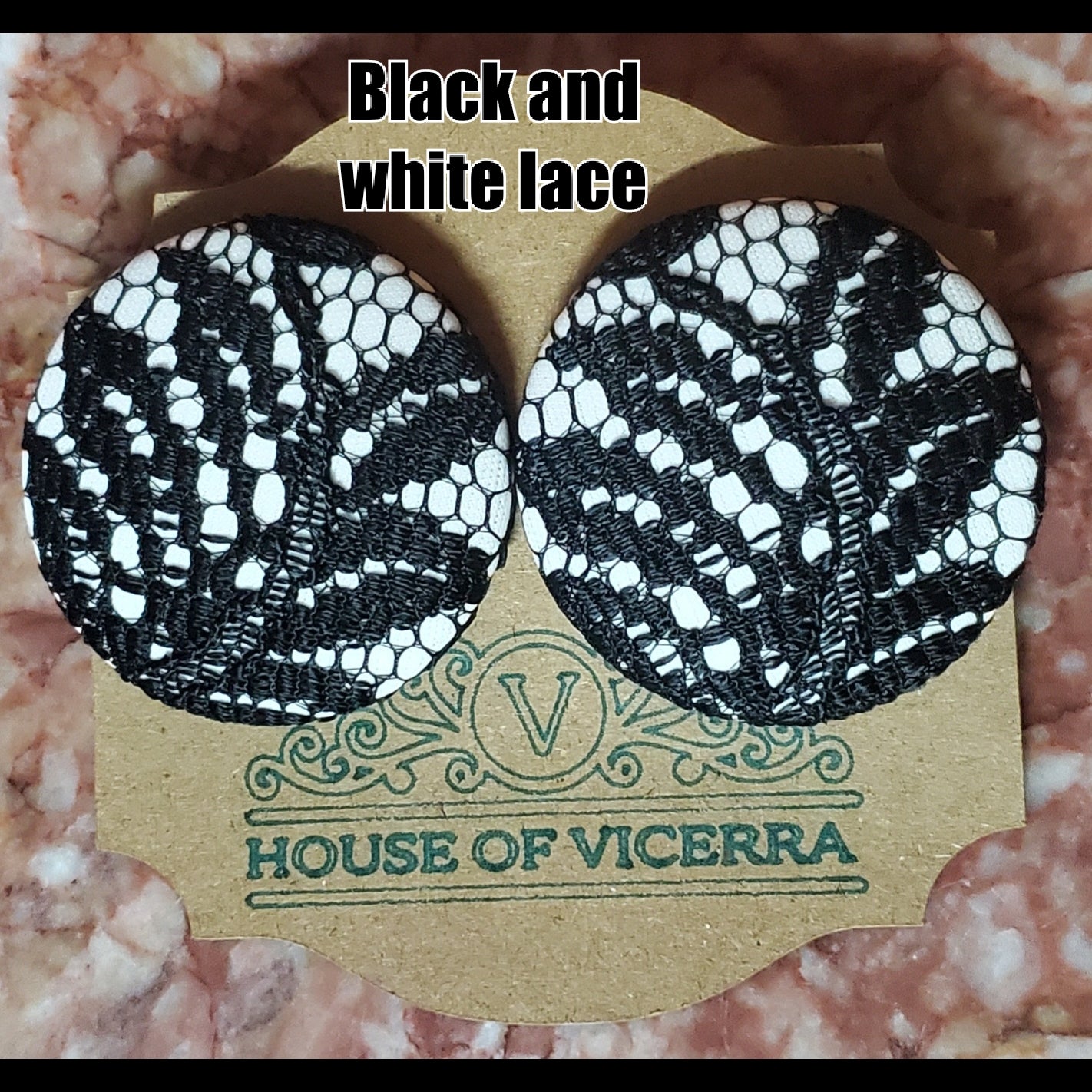 Black and White lace  XL button earrings