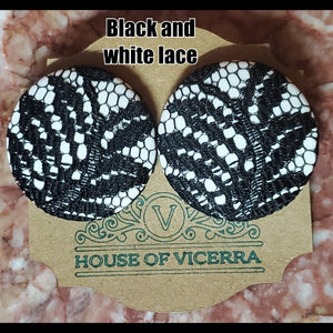 Black and White lace  XL button earrings