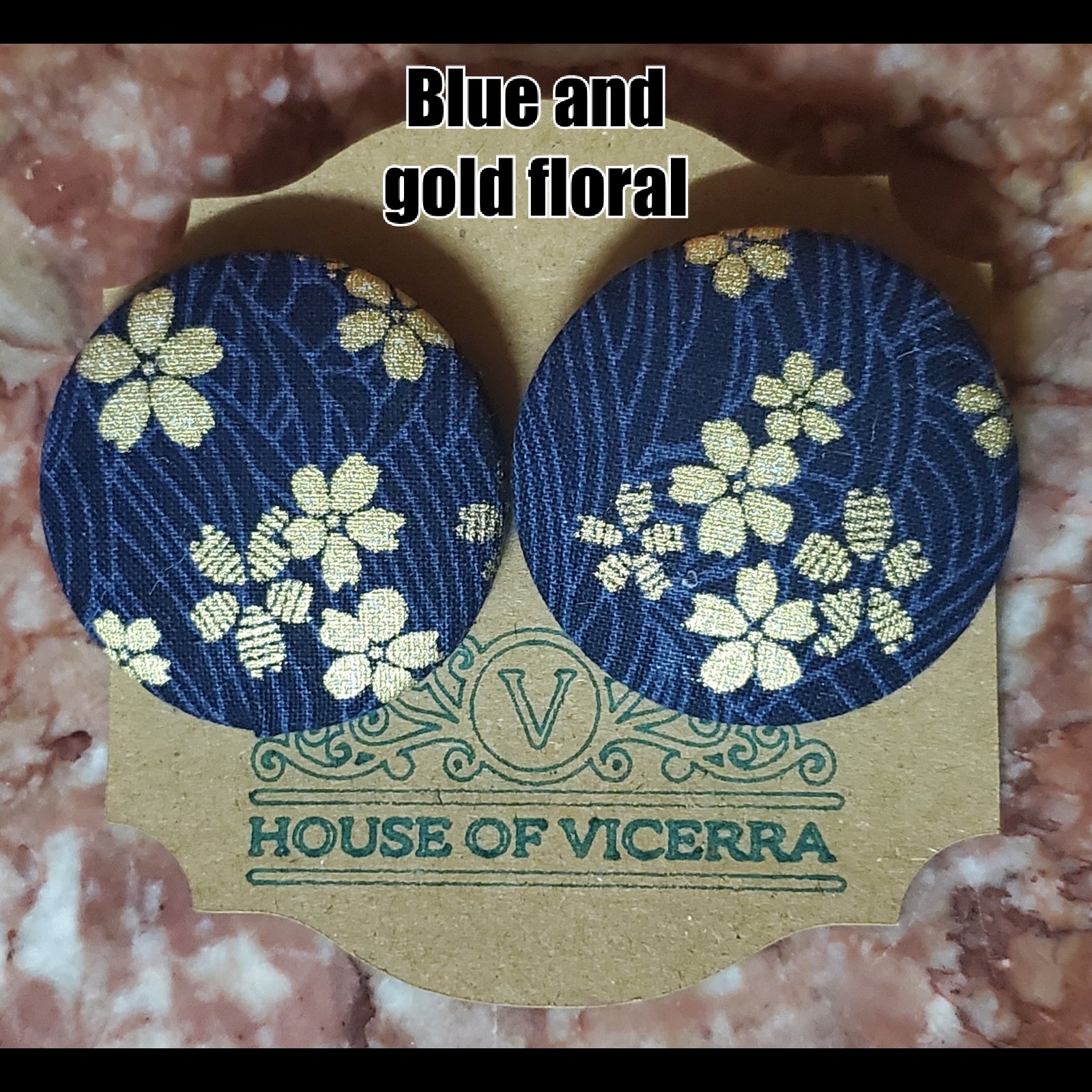 Blue and gold foral  XL button earring