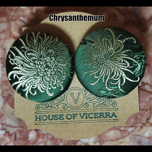 green chrysanthemum print  XL button earrings