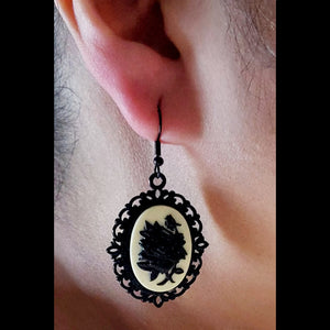 GOTHIKA-Goth-inspired acrylic 3D rose and black filigree earrings