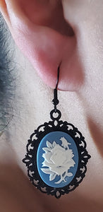 Blue and white Goth-inspired acrylic 3D rose and black filigree earrings