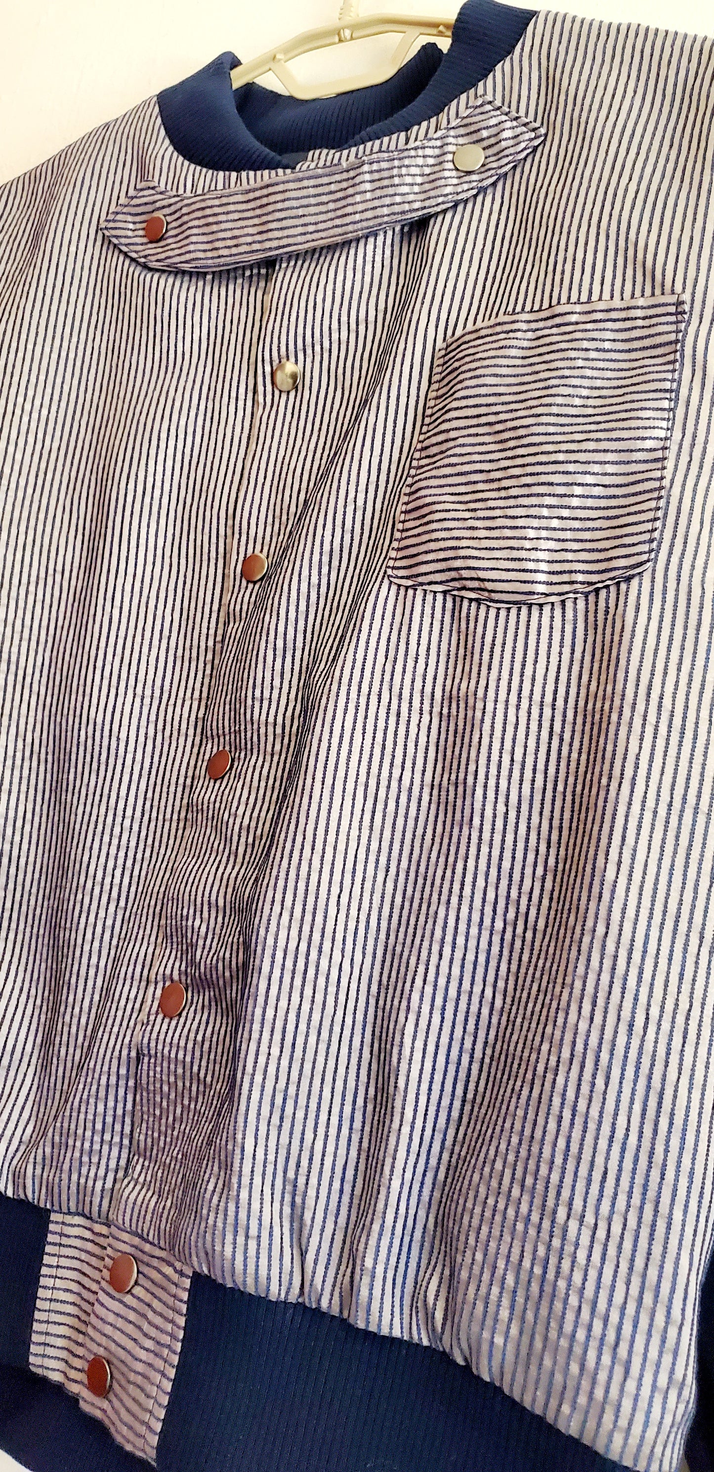 Close up Front view of Menswear Inspired pinstripe Bomber Jacket Look 3