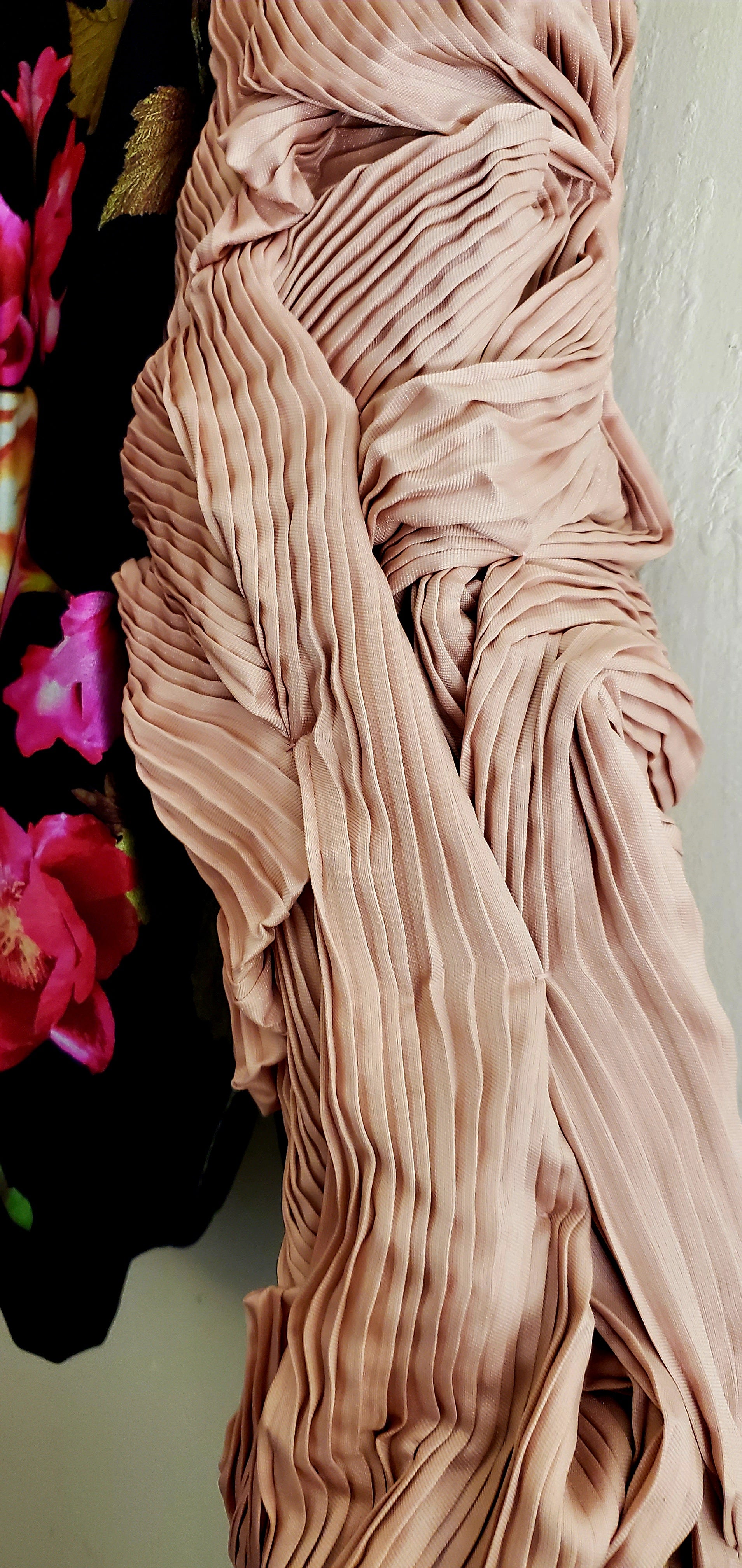 close up sleeve view of floral Bomber Jacket with Freeform Pleated Sleeves