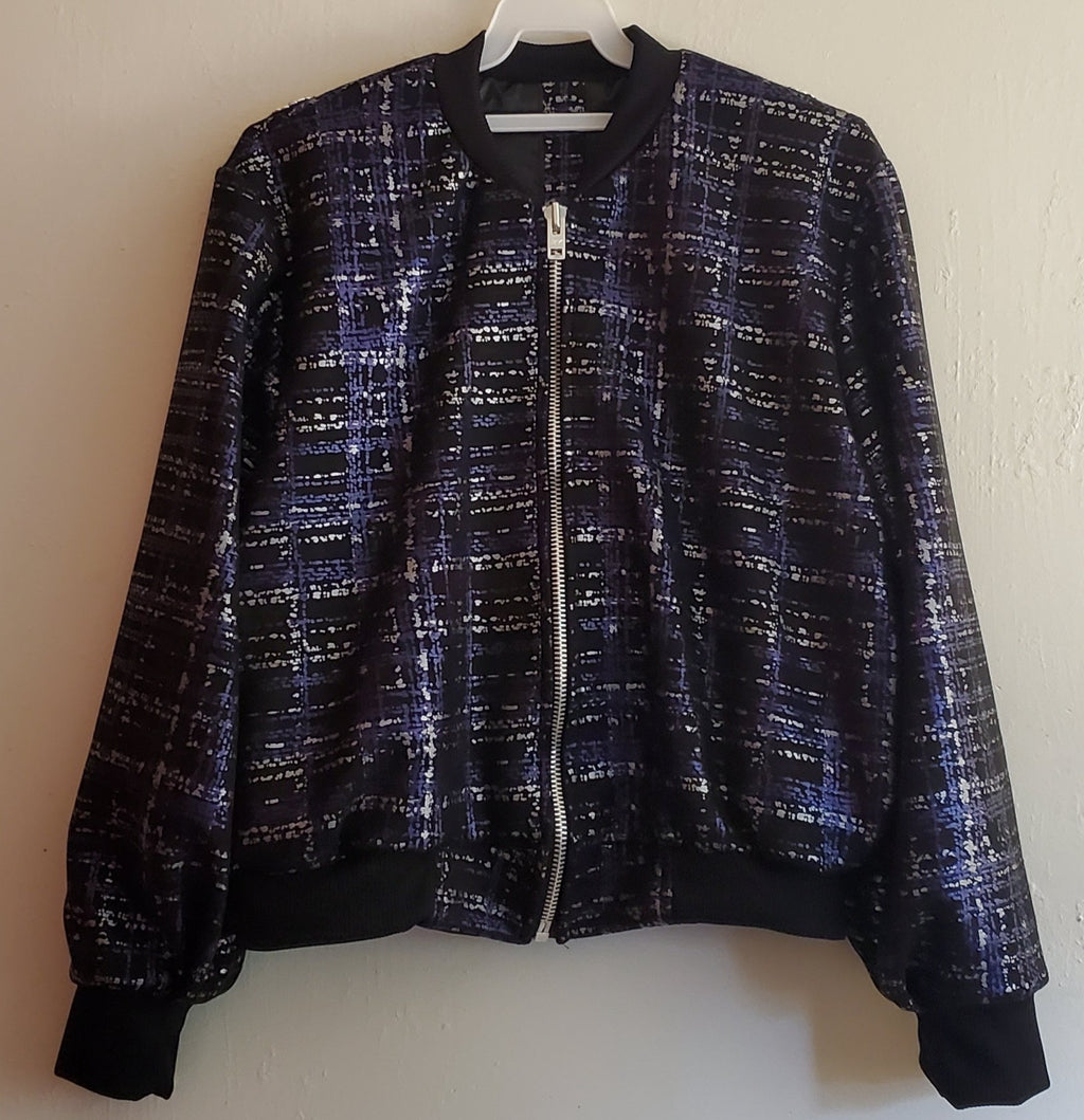Front view of Purple and Silver plaid bomber jacket with extravagant beaded sequin applique detail