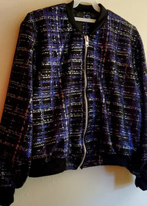 Close up Front view of Purple and Silver plaid bomber jacket with extravagant beaded sequin applique detail