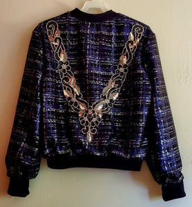 Back view of Purple and Silver plaid bomber jacket with extravagant beaded sequin applique detail