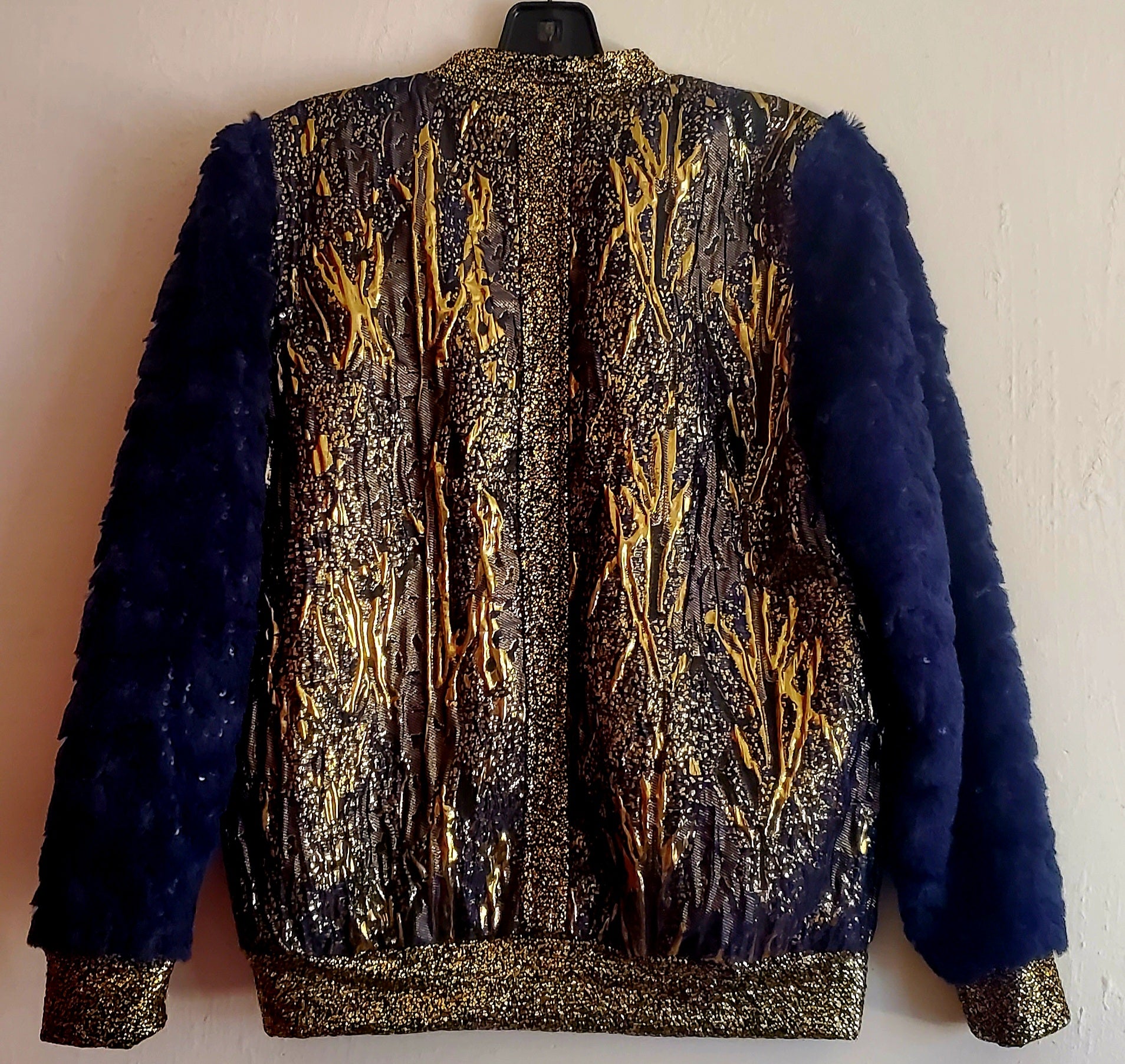 BLEU ROYALE-Blue and Gold brocade bomber jacket with sequined faux fur sleeves