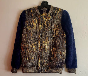 BLEU ROYALE-Blue and Gold brocade bomber jacket with sequined faux fur sleeves