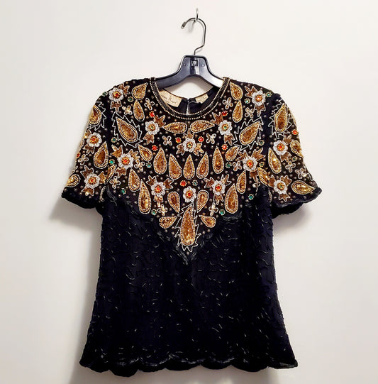 BEJEWELLED-80s Black and gold paisley rhinestone, bead and sequin top