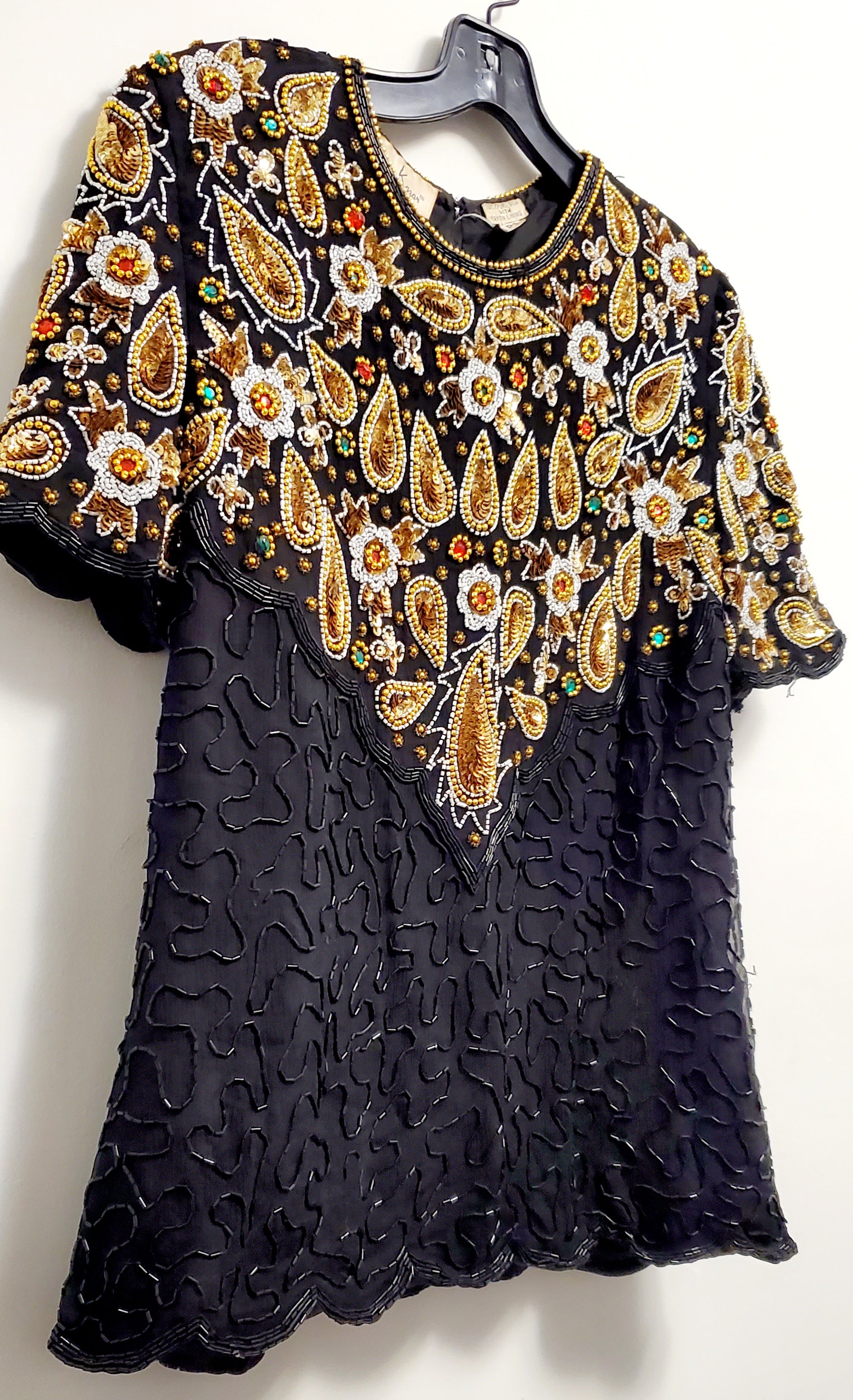 BEJEWELLED-80s Black and gold paisley rhinestone, bead and sequin top