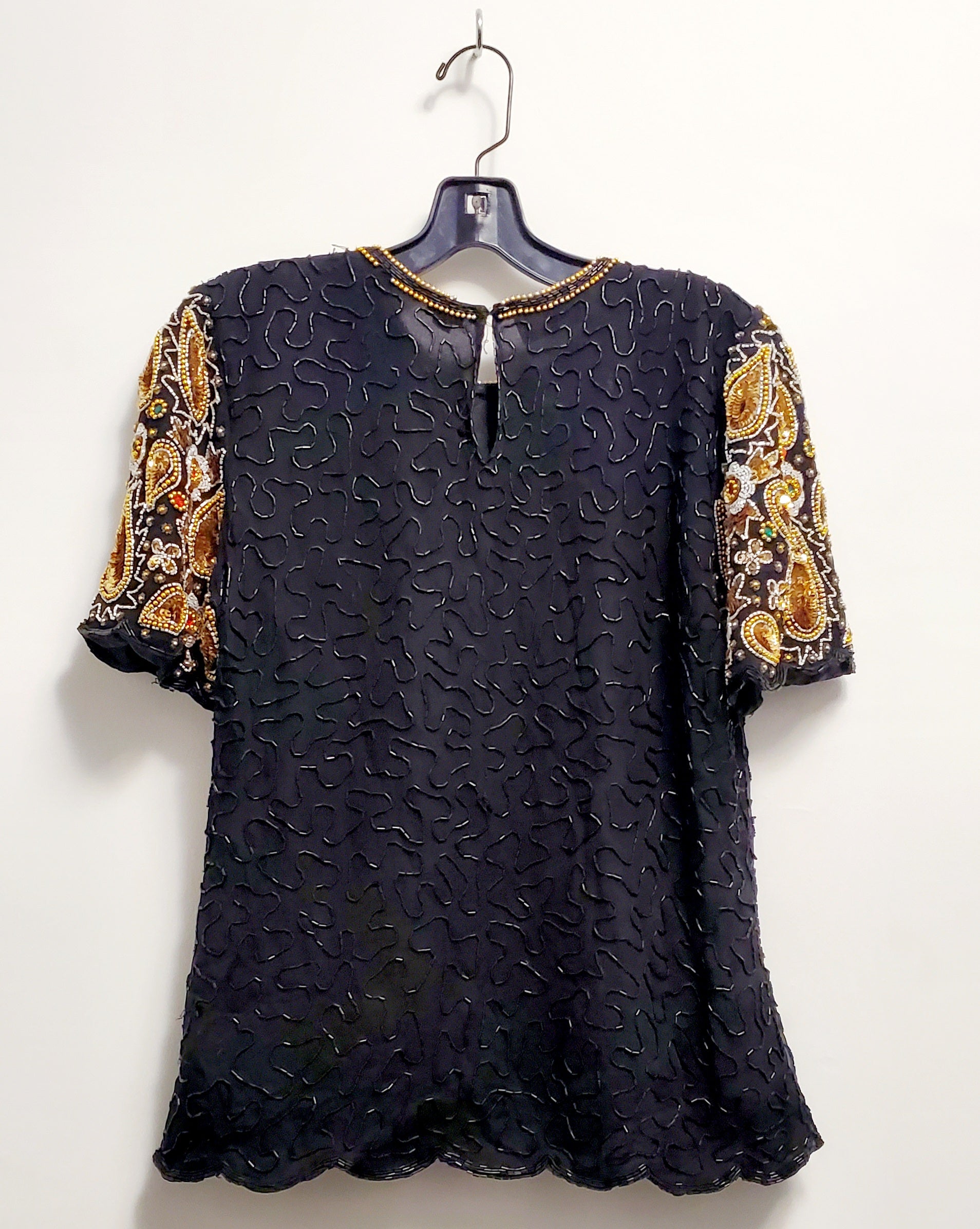 BEJEWELLED-80s Black and gold paisley rhinestone, bead and sequin top