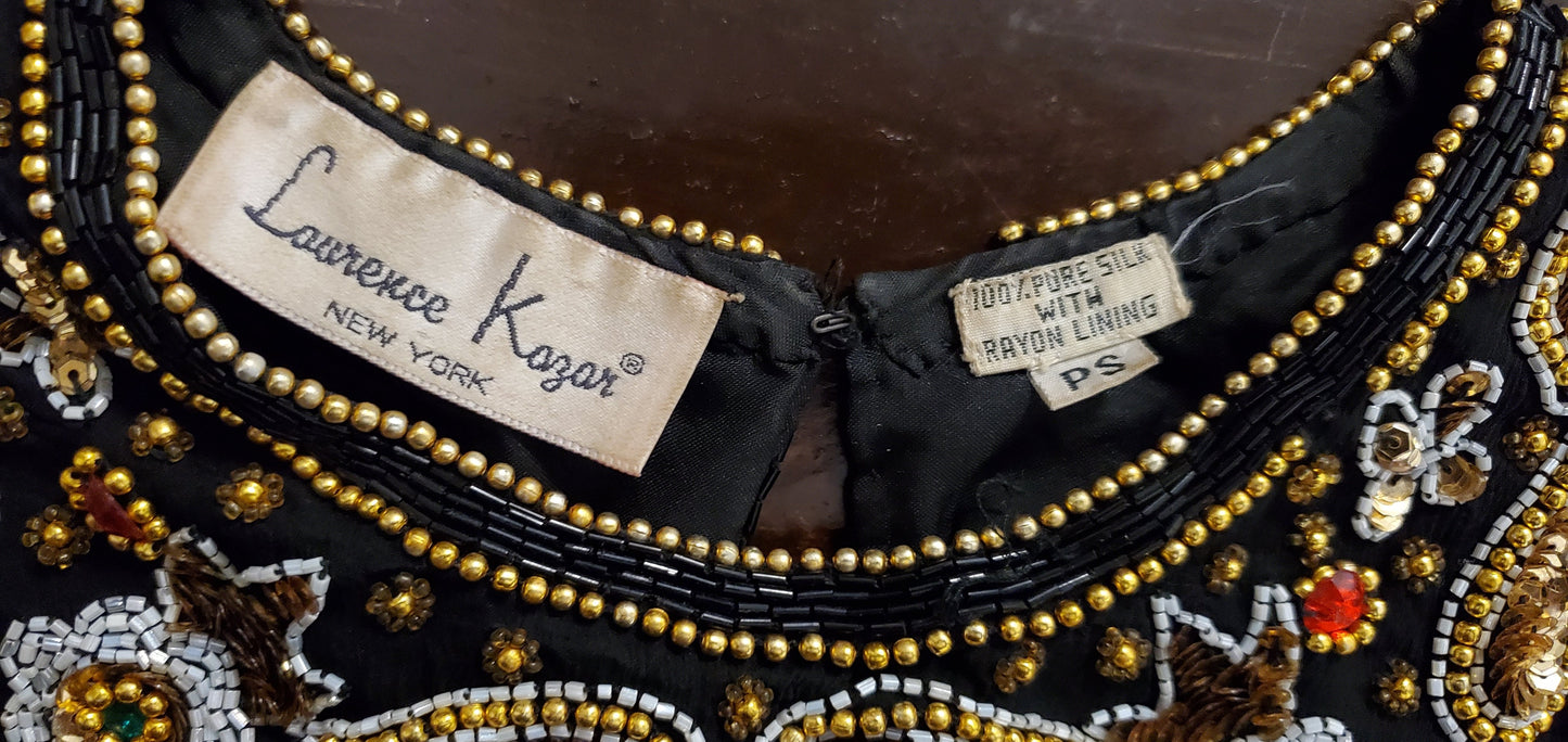 BEJEWELLED-80s Black and gold paisley rhinestone, bead and sequin top