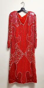 Front view of vintage red and silver sequin dress