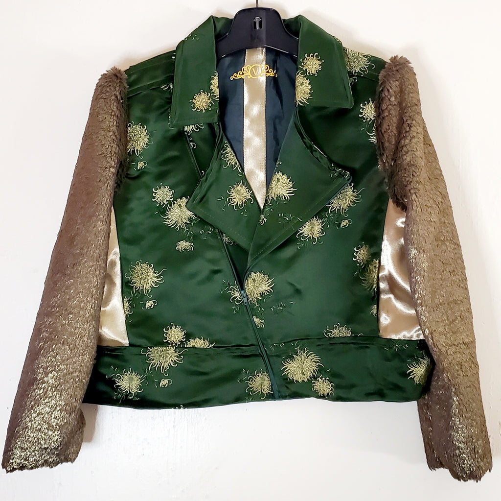 Front view Floral Green Silk moto jacket with bronze fur sleeves