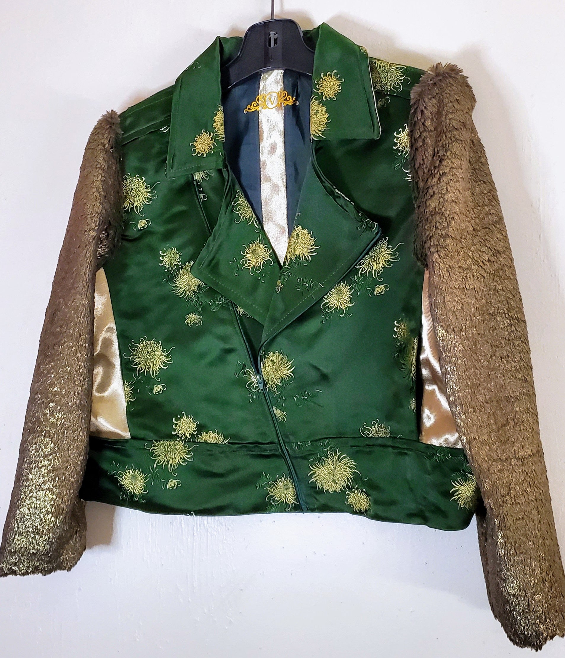 Close up Front view Floral Green Silk moto jacket with bronze fur sleeves