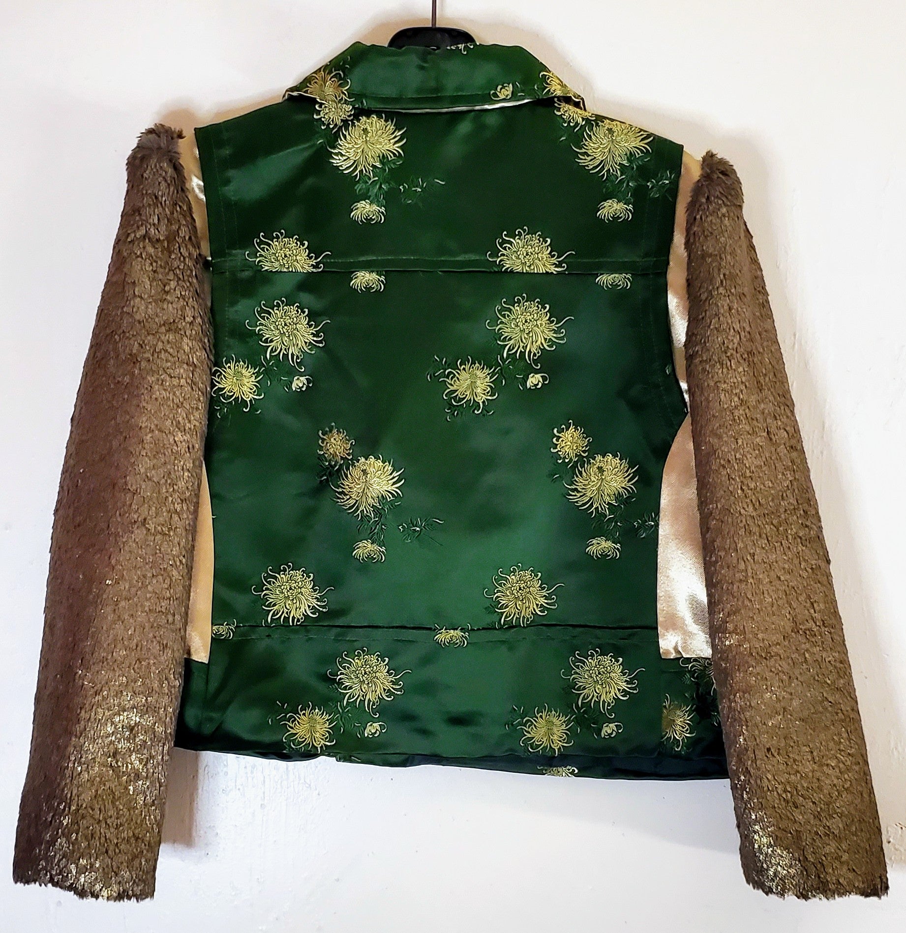 Back view Floral Green Silk moto jacket with bronze fur sleeves