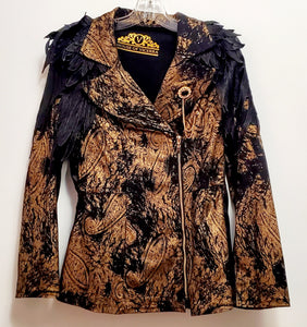 Front view of Moto jacket of Front view of 2 piece black and gold paisley suit with lace wing epaulettes