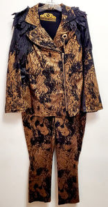Front view of 2 piece black and gold paisley suit with lace wing epaulettes