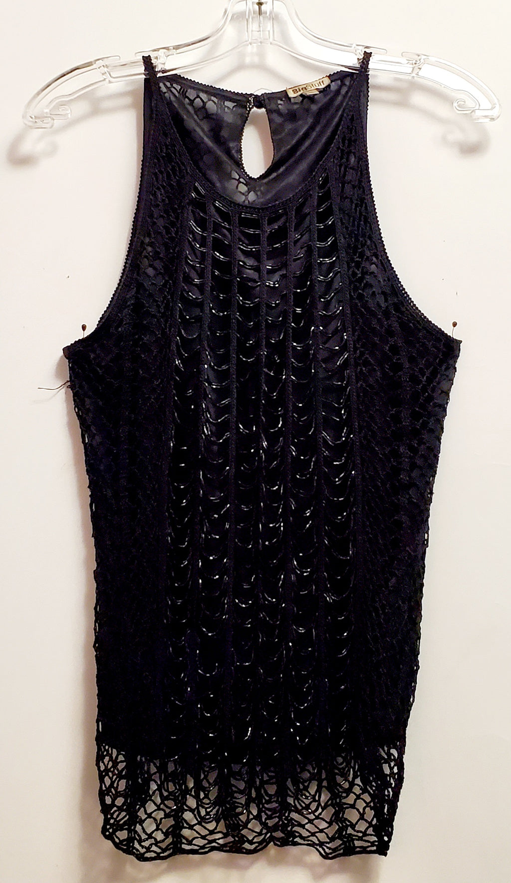 Front view of 90s black crochet beaded top